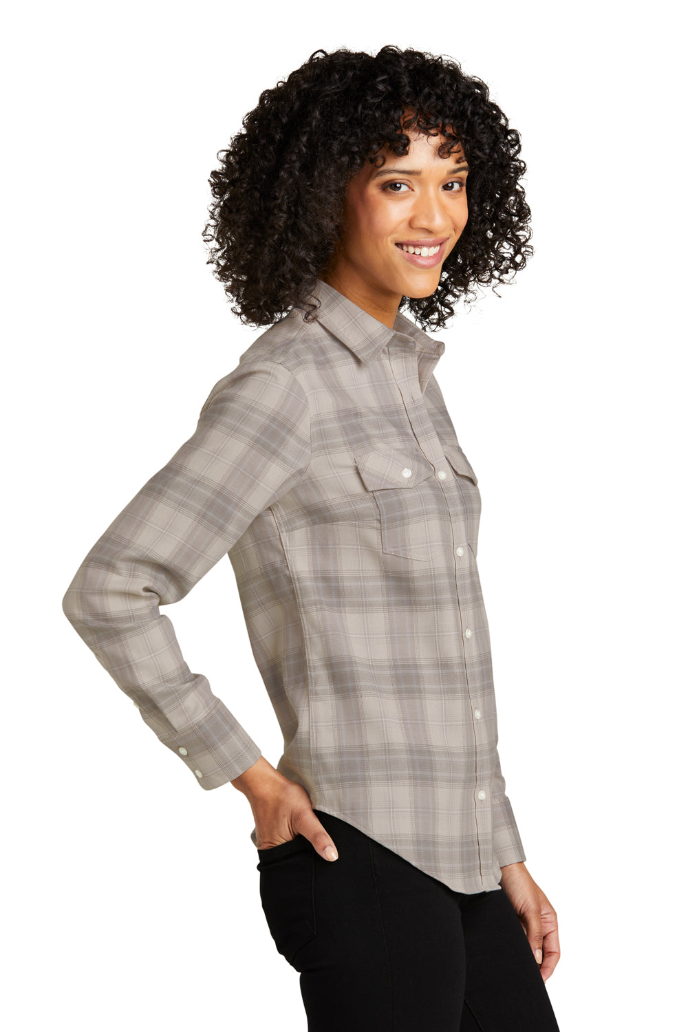 Port Authority LW672 Womens Ombre Plaid Long Sleeve Button Down Shirt w/ Double Pockets Frost Grey Model Side