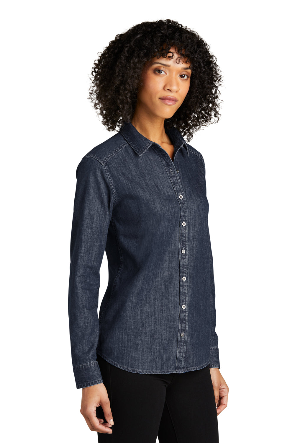 Port Authority LW676 Womens Perfect Denim Long Sleeve Button Down Shirt Dark Wash Model 3q