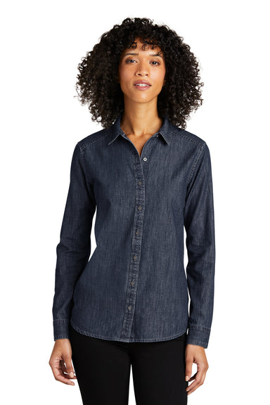 Port Authority LW676 Womens Perfect Denim Long Sleeve Button Down Shirt Dark Wash Model Front