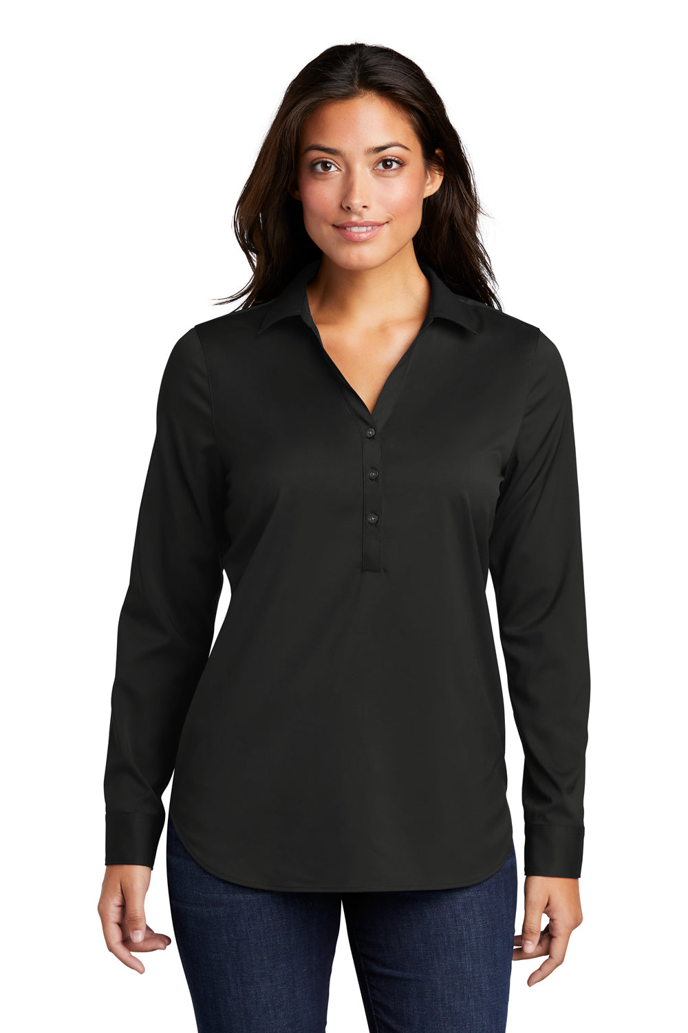 Port Authority LW680 Womens City Moisture Wicking Long Sleeve Polo Shirt Black Model Front