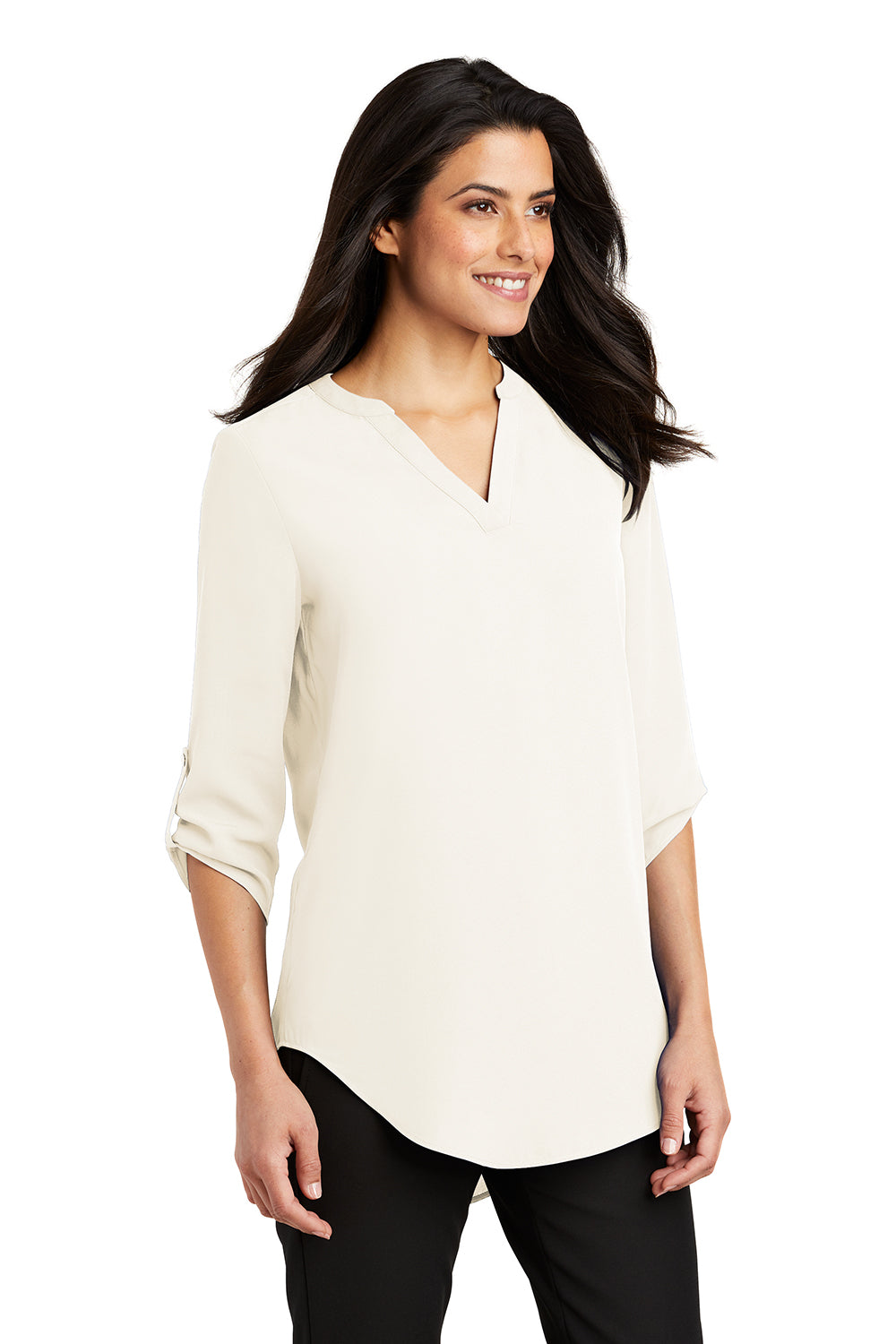 Port Authority LW701 Womens 3/4 Sleeve V-Neck T-Shirt Ivory Chiffon White Model 3q