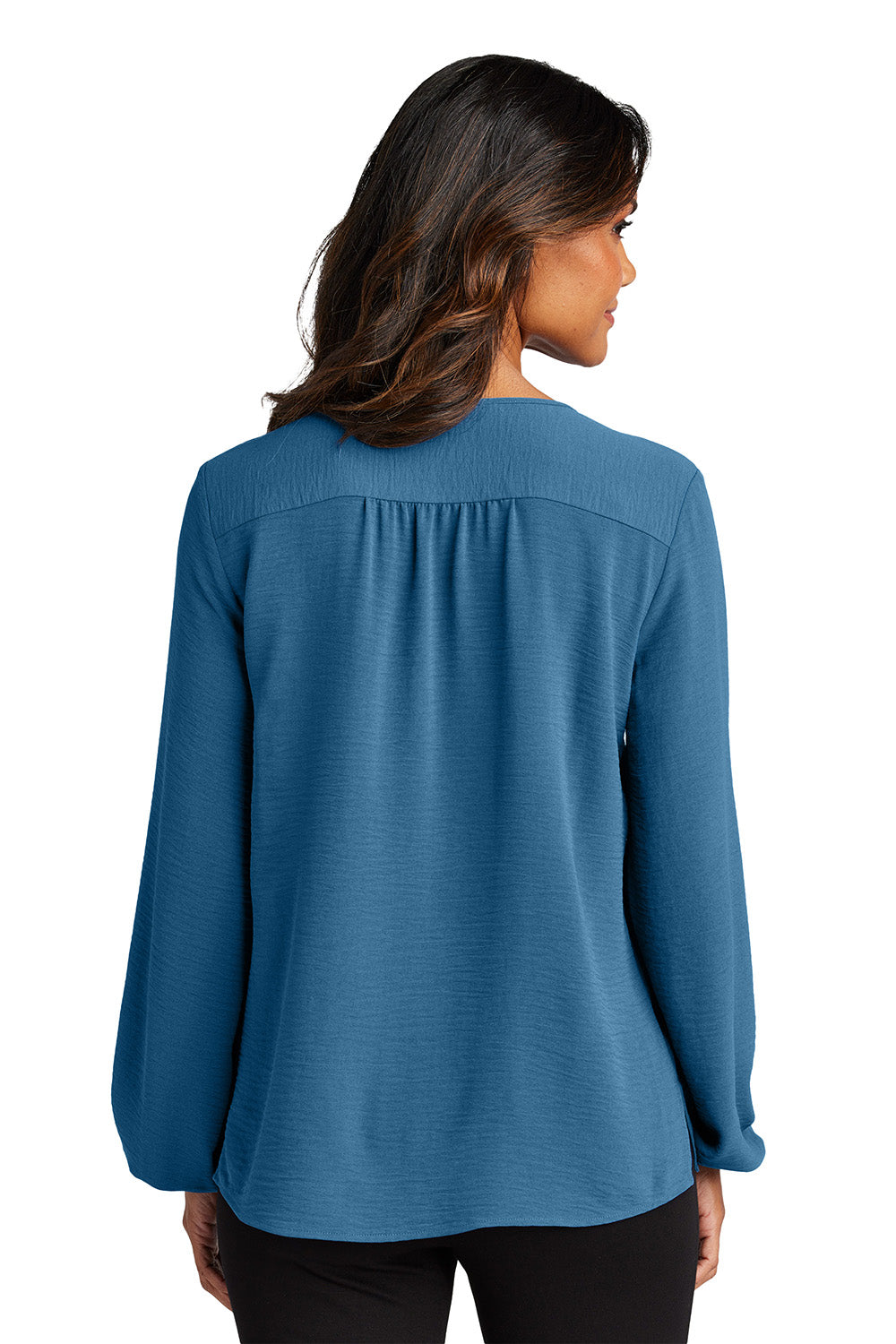 Port Authority LW714 Womens Textured Crepe Long Sleeve Blouse Aegean Blue Model Back