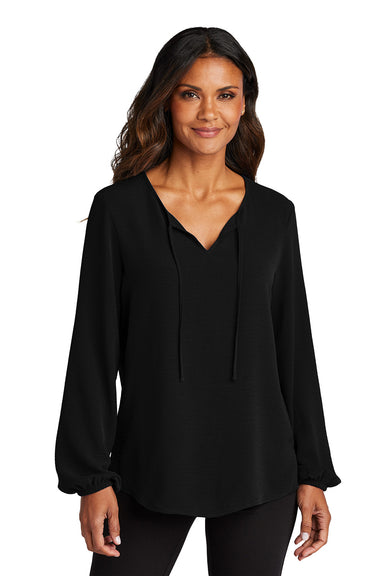 Port Authority LW714 Womens Textured Crepe Long Sleeve Blouse Deep Black Model Front