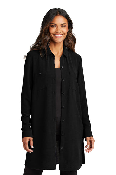 Port Authority LW715 Womens Textured Crepe Long Sleeve Long Body Tunic Deep Black Model Front