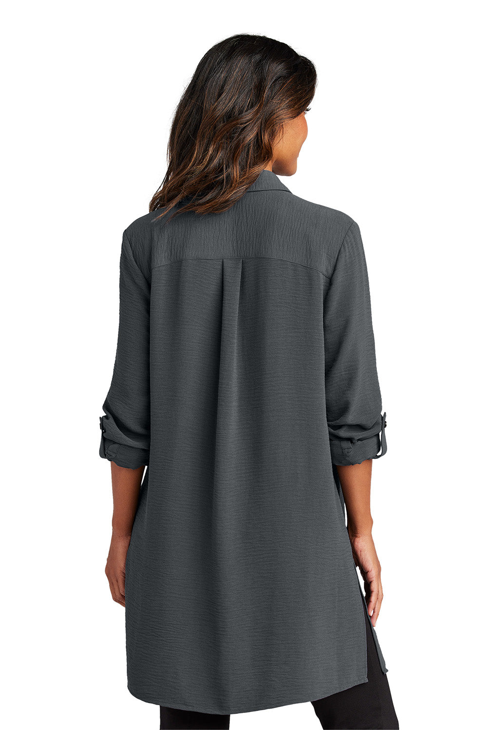 Port Authority LW715 Womens Textured Crepe Long Sleeve Long Body Tunic Graphite Grey Model Back