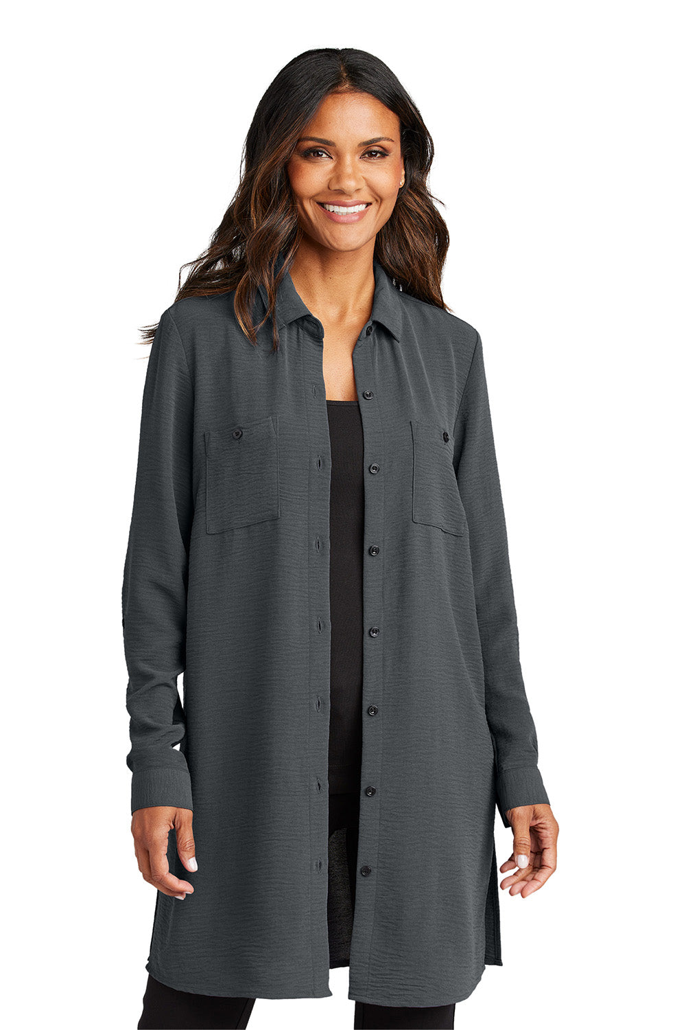 Port Authority LW715 Womens Textured Crepe Long Sleeve Long Body Tunic Graphite Grey Model Front