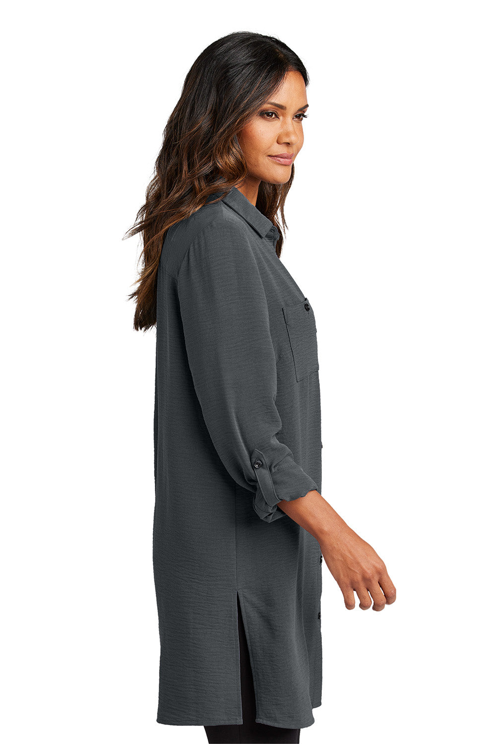 Port Authority LW715 Womens Textured Crepe Long Sleeve Long Body Tunic Graphite Grey Model Side