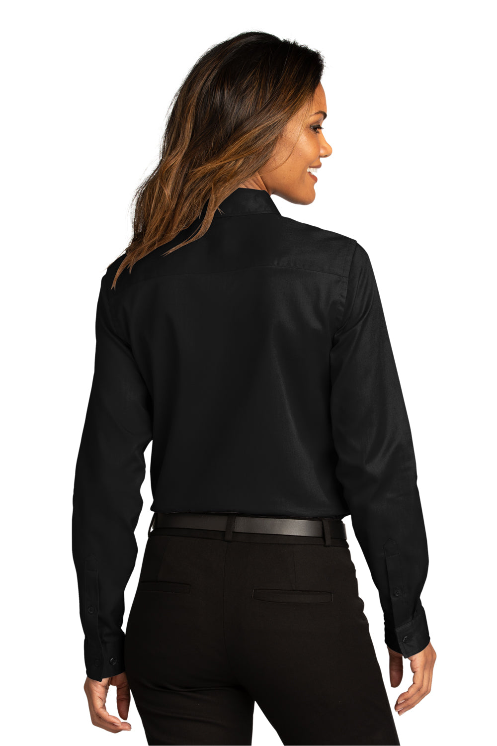 Port Authority LW808 Womens SuperPro Wrinkle Resistant React Long Sleeve Button Down Shirt Deep Black Model Back