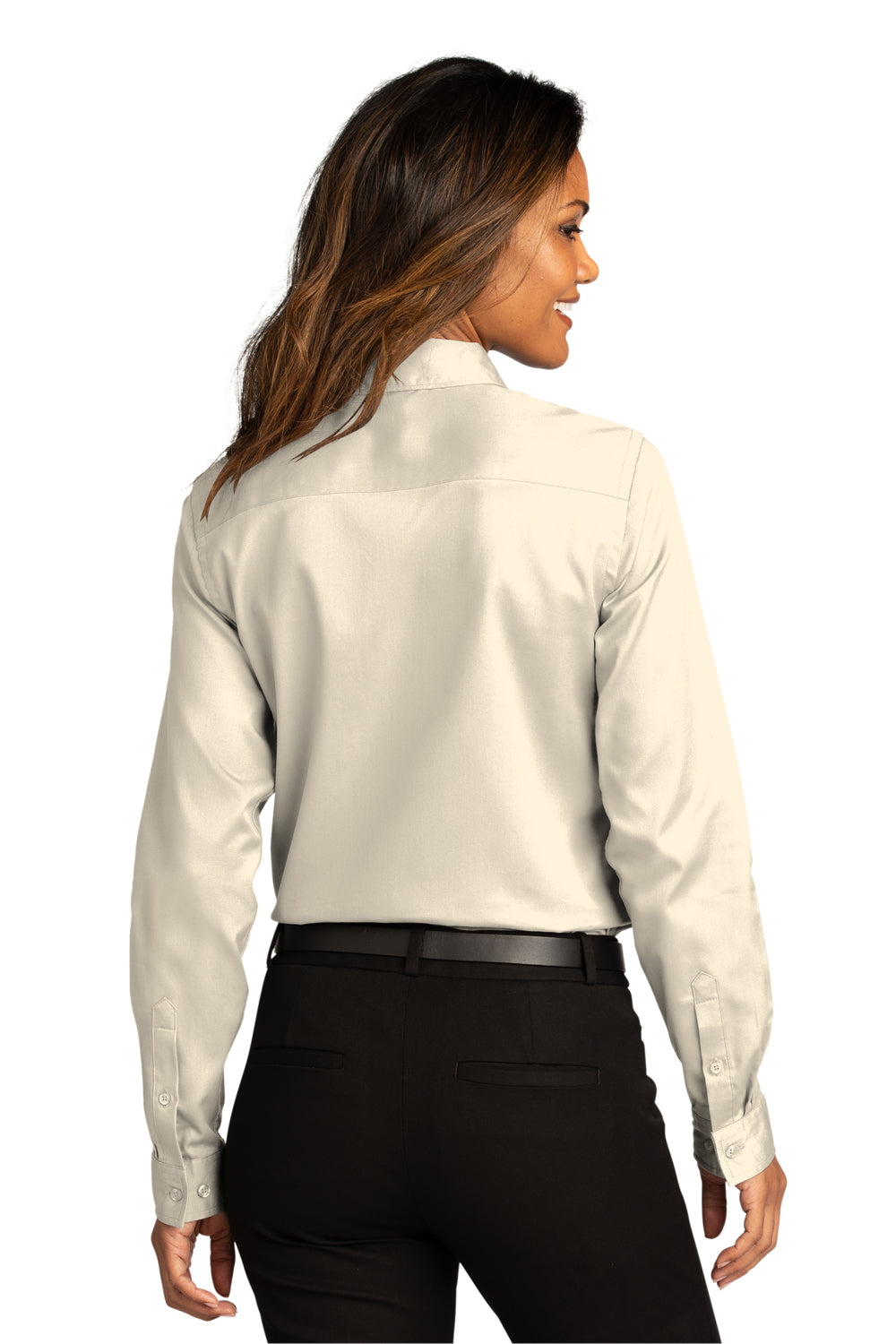 Port Authority LW808 Womens SuperPro Wrinkle Resistant React Long Sleeve Button Down Shirt Ecru Model Back