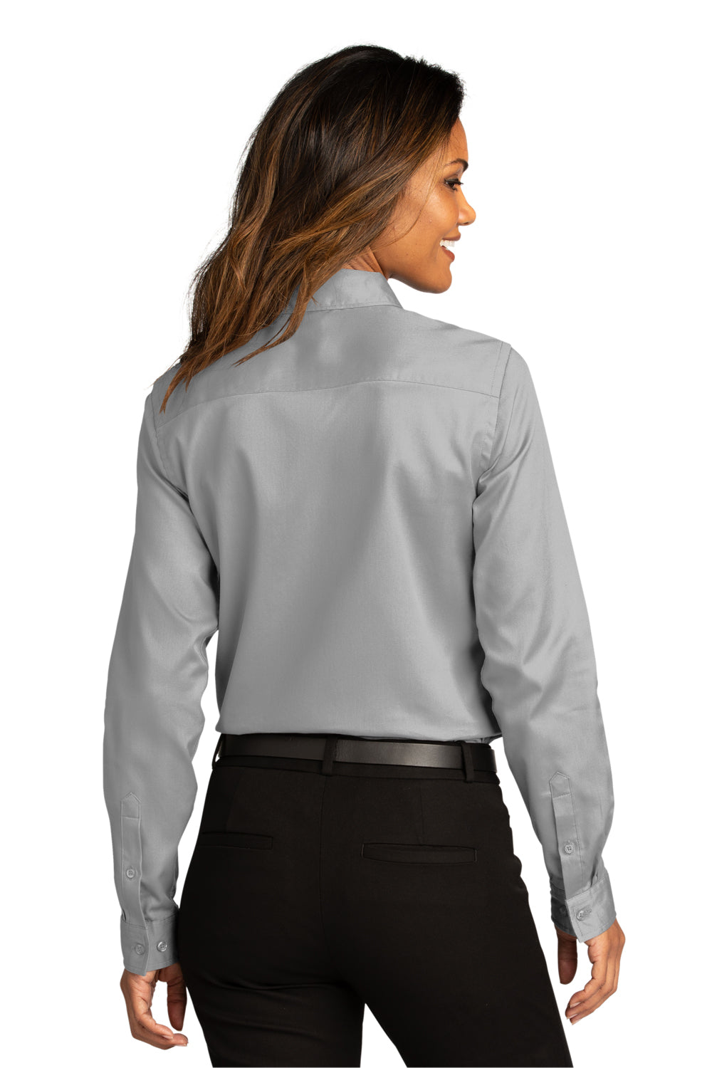 Port Authority LW808 Womens SuperPro Wrinkle Resistant React Long Sleeve Button Down Shirt Gusty Grey Model Back