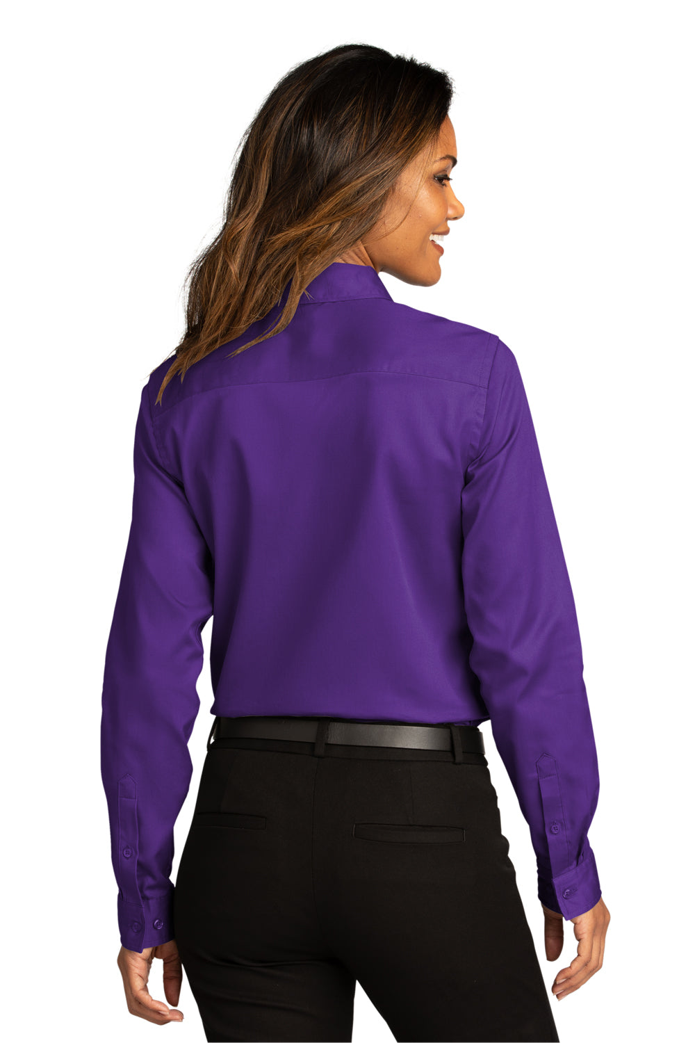 Port Authority LW808 Womens SuperPro Wrinkle Resistant React Long Sleeve Button Down Shirt Purple Model Back