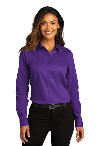 Port Authority LW808 Womens SuperPro Wrinkle Resistant React Long Sleeve Button Down Shirt Purple Model Front