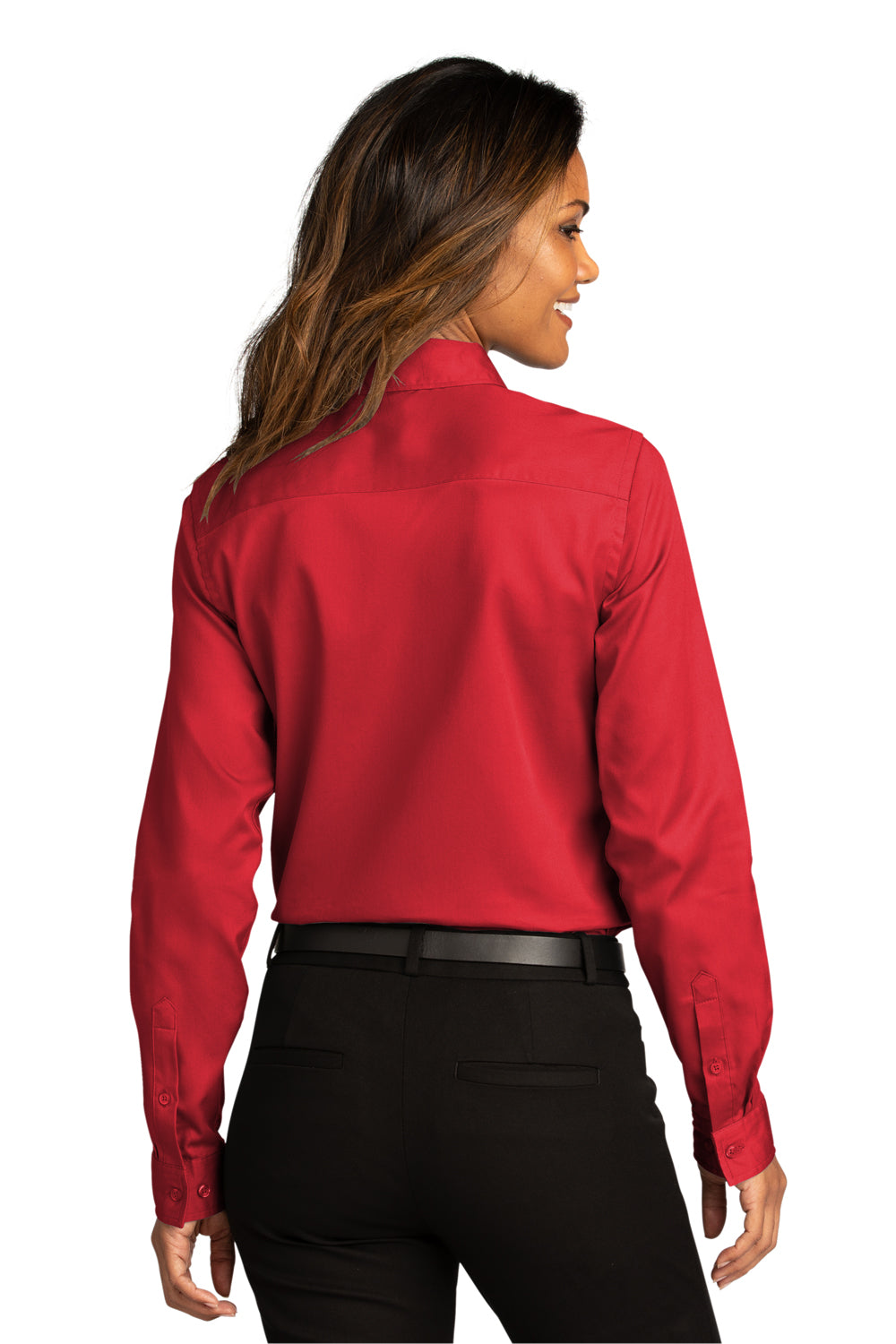 Port Authority LW808 Womens SuperPro Wrinkle Resistant React Long Sleeve Button Down Shirt Rich Red Model Back