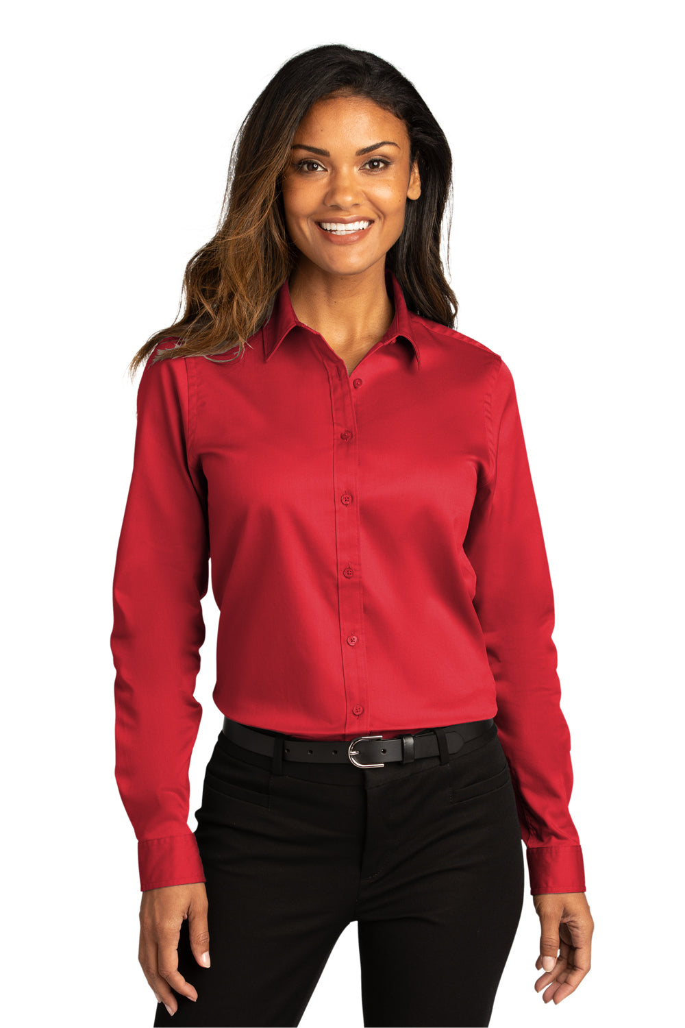 Port Authority LW808 Womens SuperPro Wrinkle Resistant React Long Sleeve Button Down Shirt Rich Red Model Front