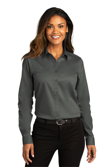 Port Authority LW808 Womens SuperPro Wrinkle Resistant React Long Sleeve Button Down Shirt Storm Grey Model Front