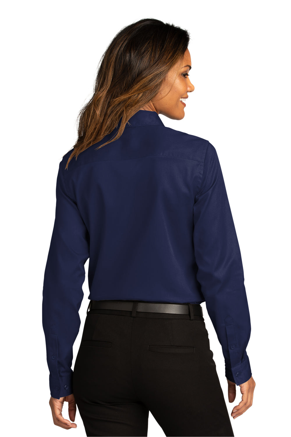 Port Authority LW808 Womens SuperPro Wrinkle Resistant React Long Sleeve Button Down Shirt True Navy Blue Model Back