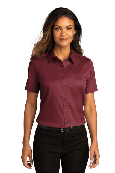 Port Authority LW809 Womens SuperPro Wrinkle Resistant React Short Sleeve Button Down Shirt Burgundy Model Front