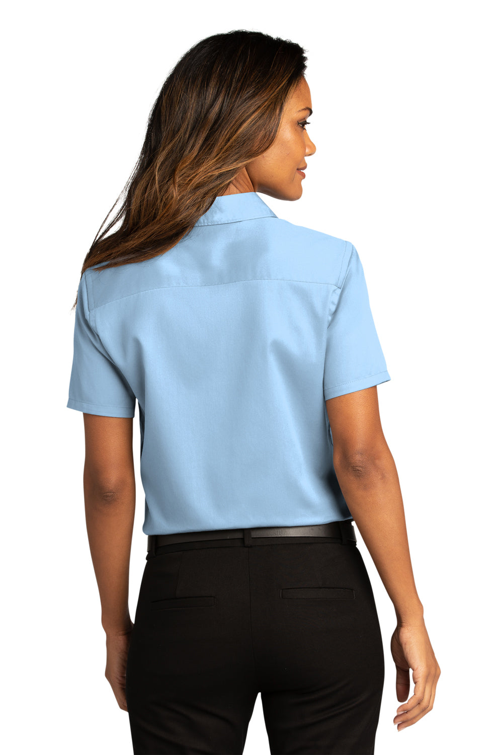 Port Authority LW809 Womens SuperPro Wrinkle Resistant React Short Sleeve Button Down Shirt Cloud Blue Model Back