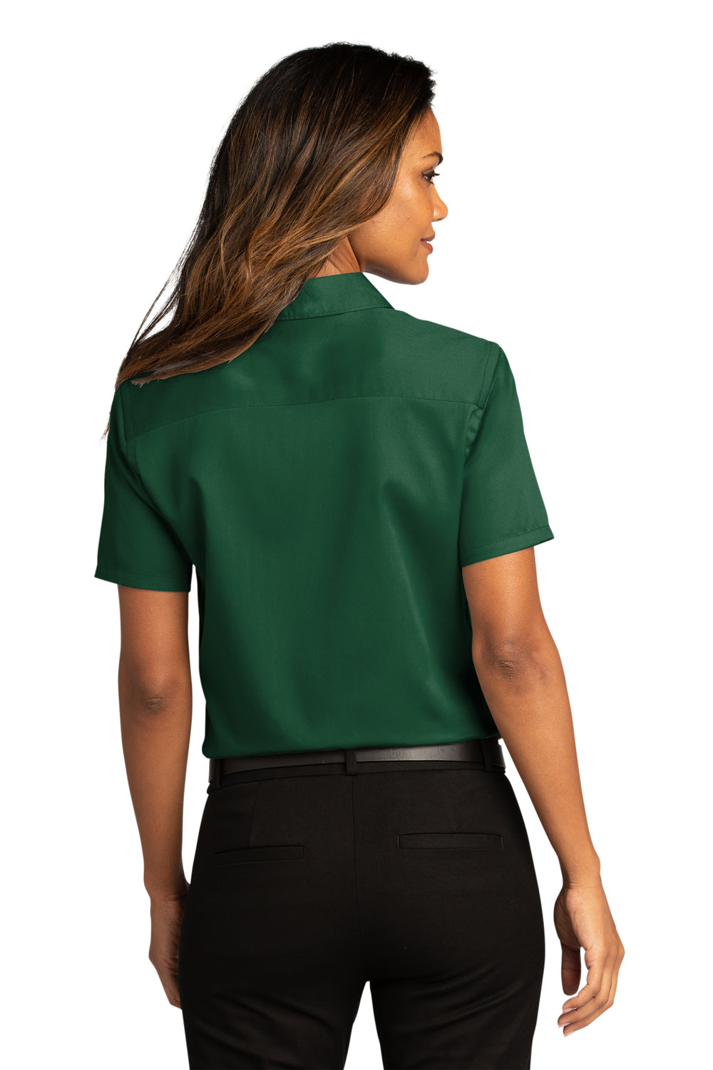 Port Authority LW809 Womens SuperPro Wrinkle Resistant React Short Sleeve Button Down Shirt Dark Green Model Back