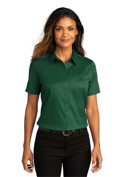 Port Authority LW809 Womens SuperPro Wrinkle Resistant React Short Sleeve Button Down Shirt Dark Green Model Front