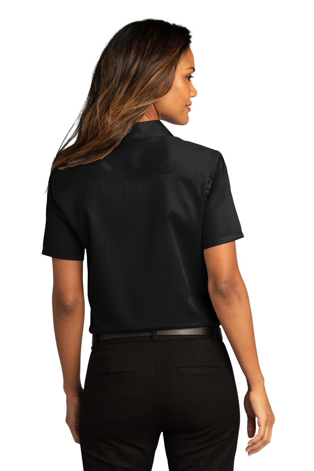 Port Authority LW809 Womens SuperPro Wrinkle Resistant React Short Sleeve Button Down Shirt Deep Black Model Back