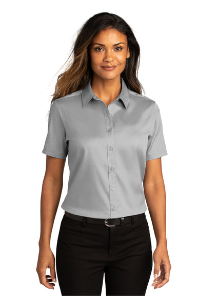 Port Authority LW809 Womens SuperPro Wrinkle Resistant React Short Sleeve Button Down Shirt Gusty Grey Model Front