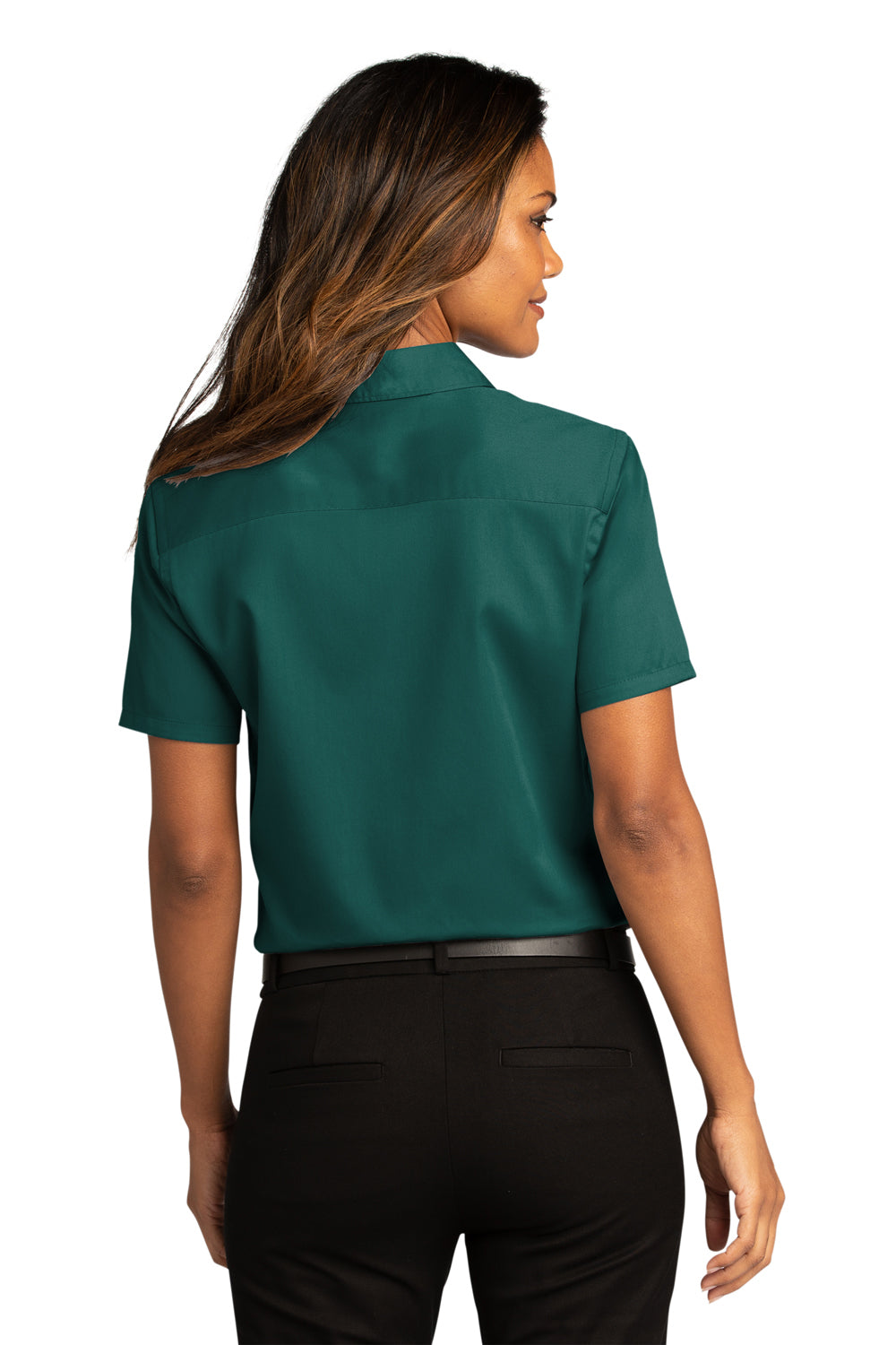 Port Authority LW809 Womens SuperPro Wrinkle Resistant React Short Sleeve Button Down Shirt Marine Green Model Back