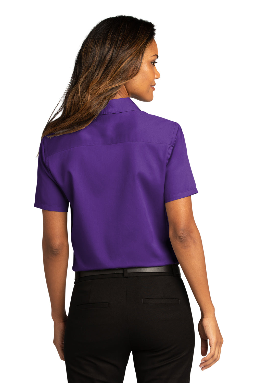 Port Authority LW809 Womens SuperPro Wrinkle Resistant React Short Sleeve Button Down Shirt Purple Model Back