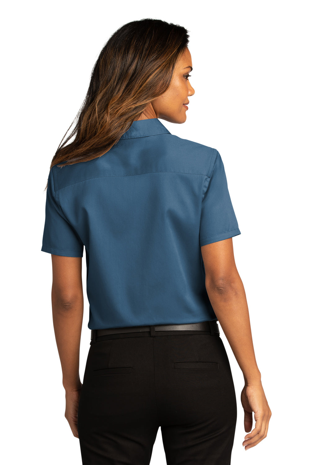 Port Authority LW809 Womens SuperPro Wrinkle Resistant React Short Sleeve Button Down Shirt Regatta Blue Model Back