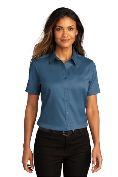 Port Authority LW809 Womens SuperPro Wrinkle Resistant React Short Sleeve Button Down Shirt Regatta Blue Model Front