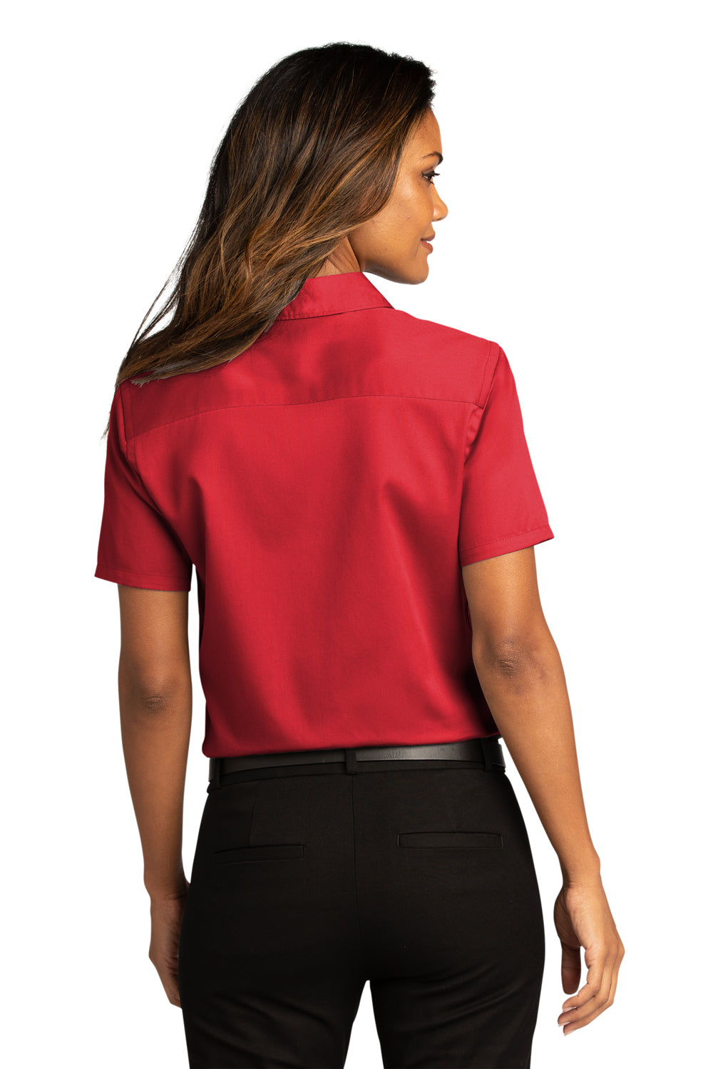 Port Authority LW809 Womens SuperPro Wrinkle Resistant React Short Sleeve Button Down Shirt Rich Red Model Back