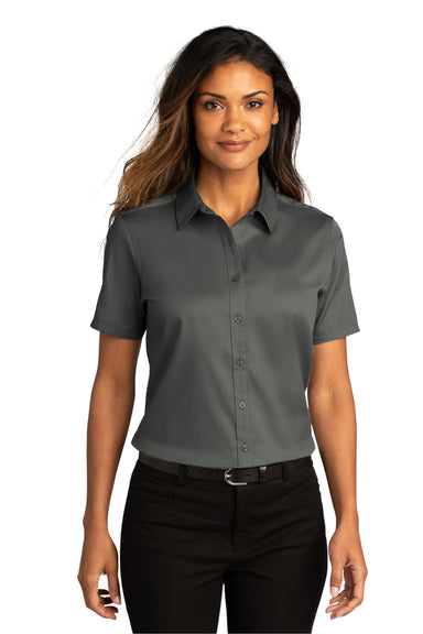 Port Authority LW809 Womens SuperPro Wrinkle Resistant React Short Sleeve Button Down Shirt Storm Grey Model Front