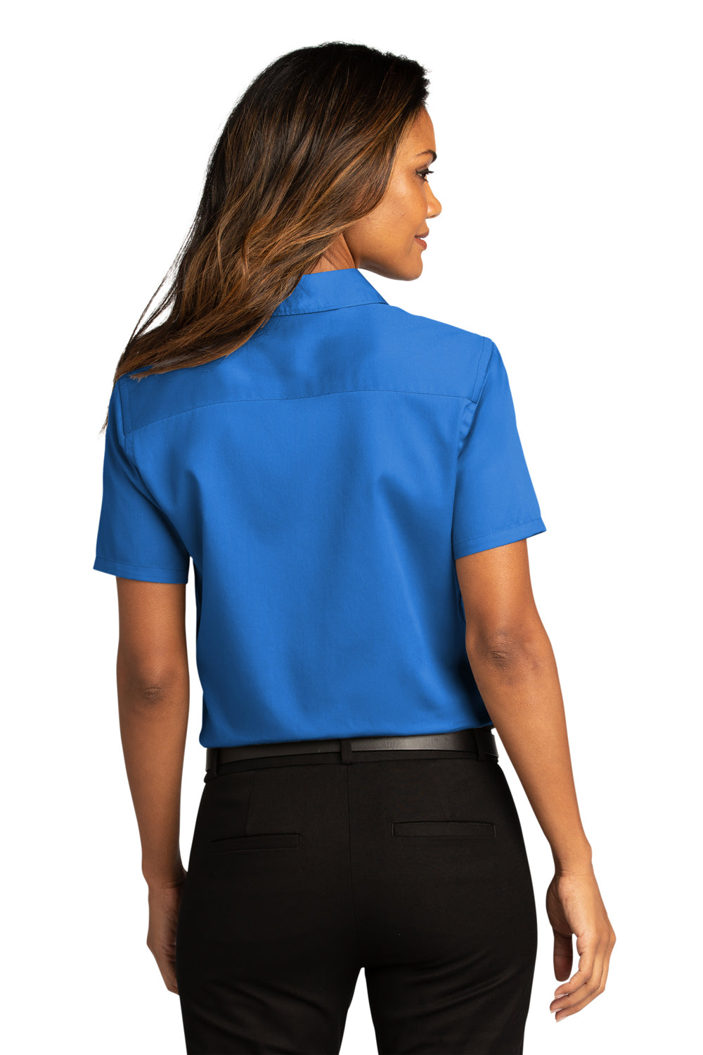 Port Authority LW809 Womens SuperPro Wrinkle Resistant React Short Sleeve Button Down Shirt Strong Blue Model Back