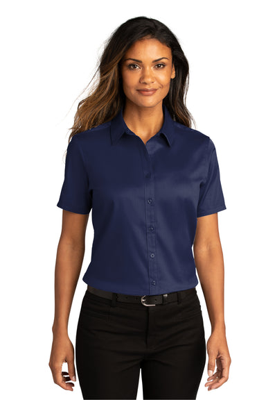 Port Authority LW809 Womens SuperPro Wrinkle Resistant React Short Sleeve Button Down Shirt True Navy Blue Model Front