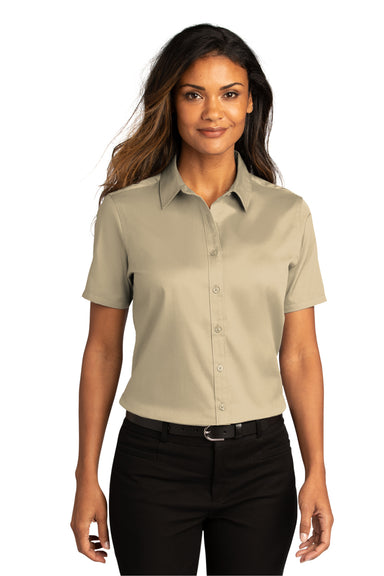 Port Authority LW809 Womens SuperPro Wrinkle Resistant React Short Sleeve Button Down Shirt Wheat Model Front