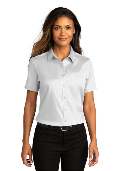 Port Authority LW809 Womens SuperPro Wrinkle Resistant React Short Sleeve Button Down Shirt White Model Front