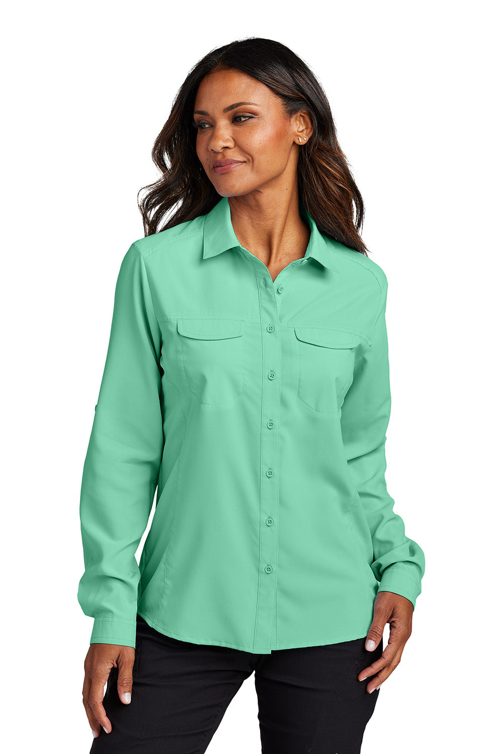 Port Authority LW960 Womens UV Daybreak Long Sleeve Button Down Shirt w/ Pockets Bright Seafoam Green Model Front