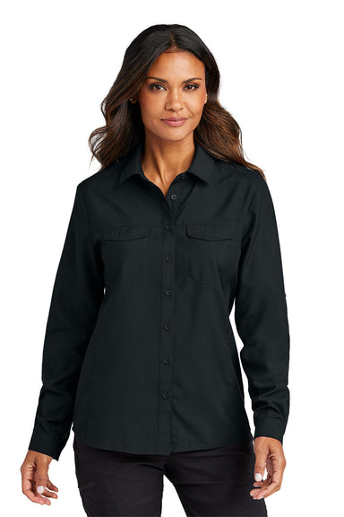 Port Authority LW960 Womens UV Daybreak Long Sleeve Button Down Shirt w/ Pockets Deep Black Model Front