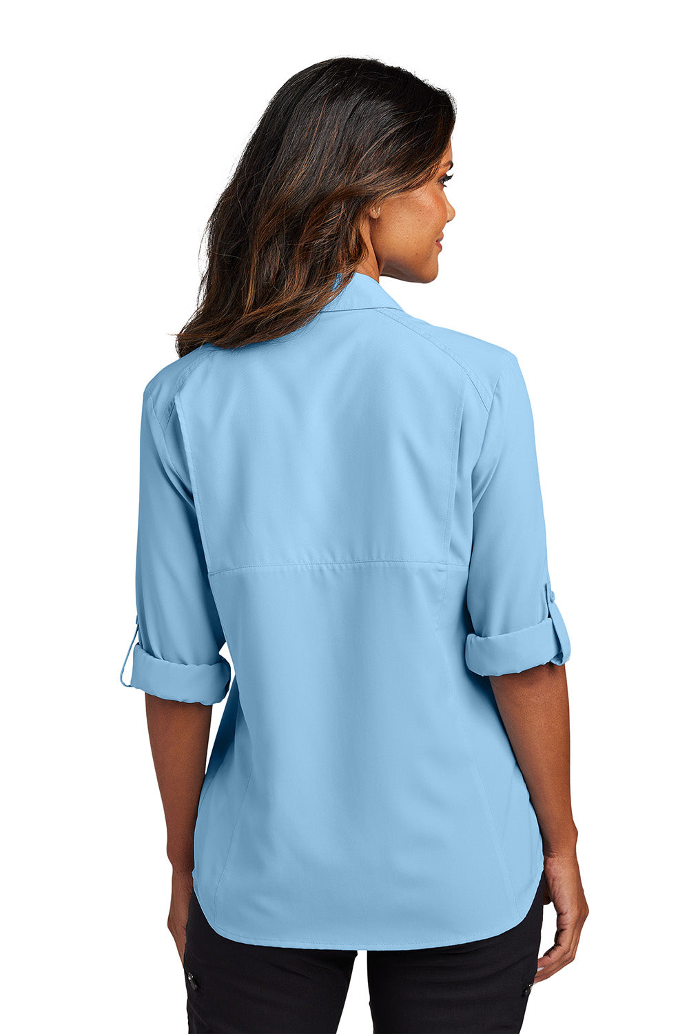 Port Authority LW960 Womens UV Daybreak Long Sleeve Button Down Shirt w/ Pockets Light Blue Model Back