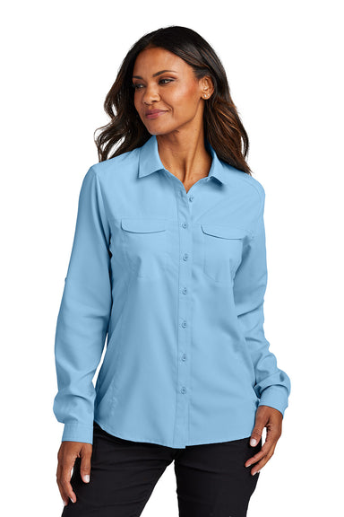 Port Authority LW960 Womens UV Daybreak Long Sleeve Button Down Shirt w/ Pockets Light Blue Model Front