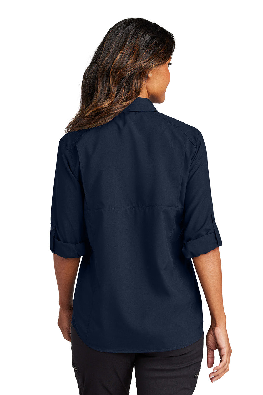 Port Authority LW960 Womens UV Daybreak Long Sleeve Button Down Shirt w/ Pockets True Navy Blue Model Back