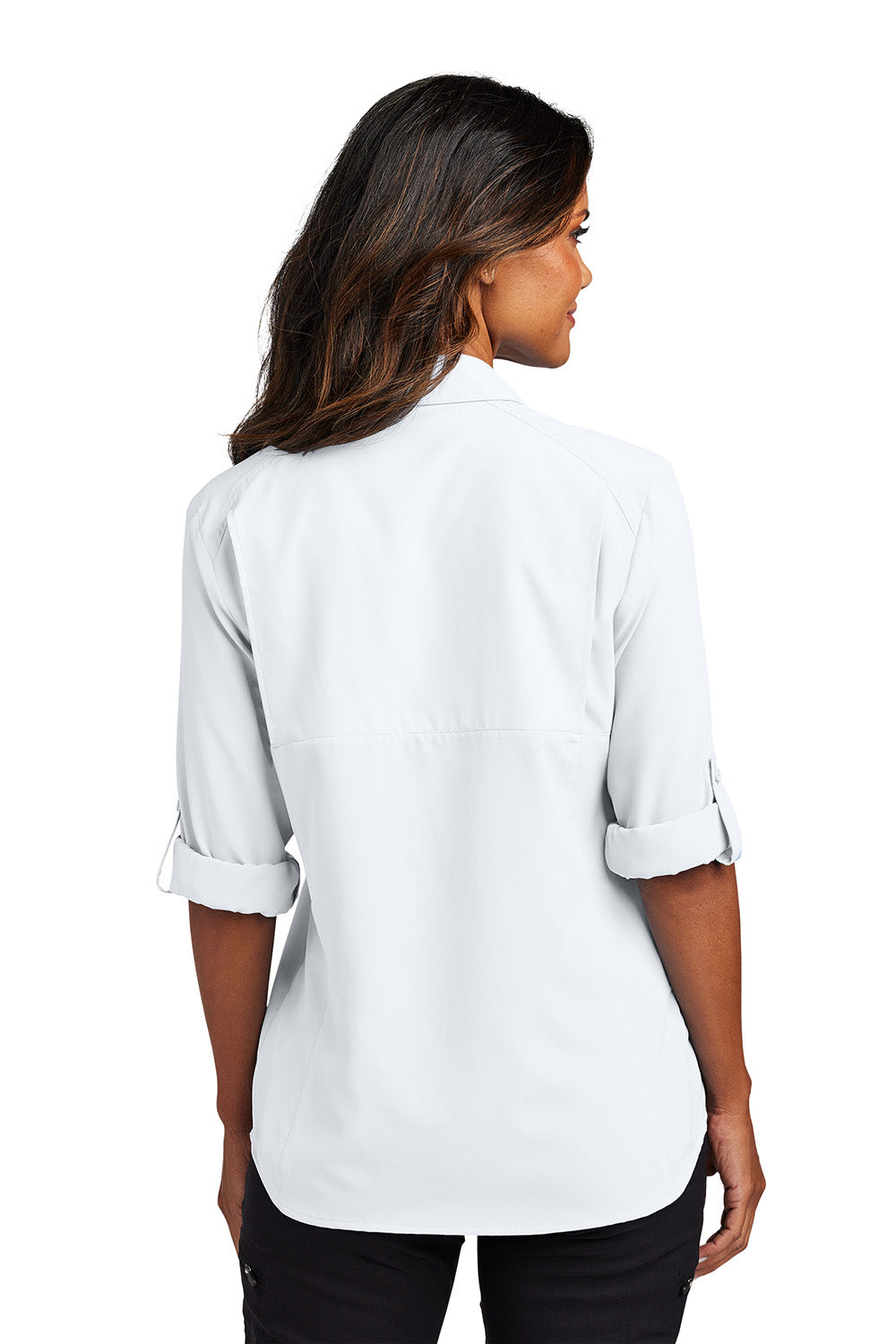 Port Authority LW960 Womens UV Daybreak Long Sleeve Button Down Shirt w/ Pockets White Model Back