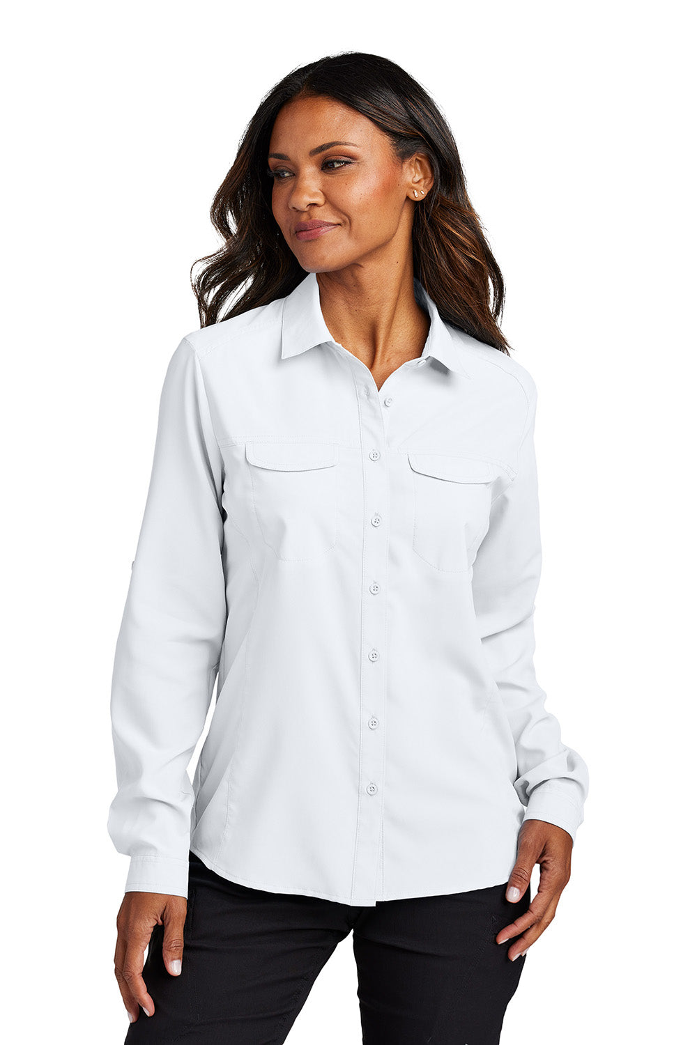 Port Authority LW960 Womens UV Daybreak Long Sleeve Button Down Shirt w/ Pockets White Model Front