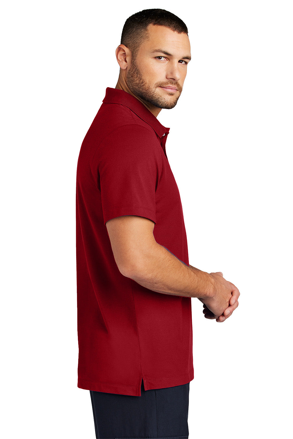 Mercer+Mettle MM1004 Mens Stretch Pique Short Sleeve Polo Shirt Apple Red Model Side