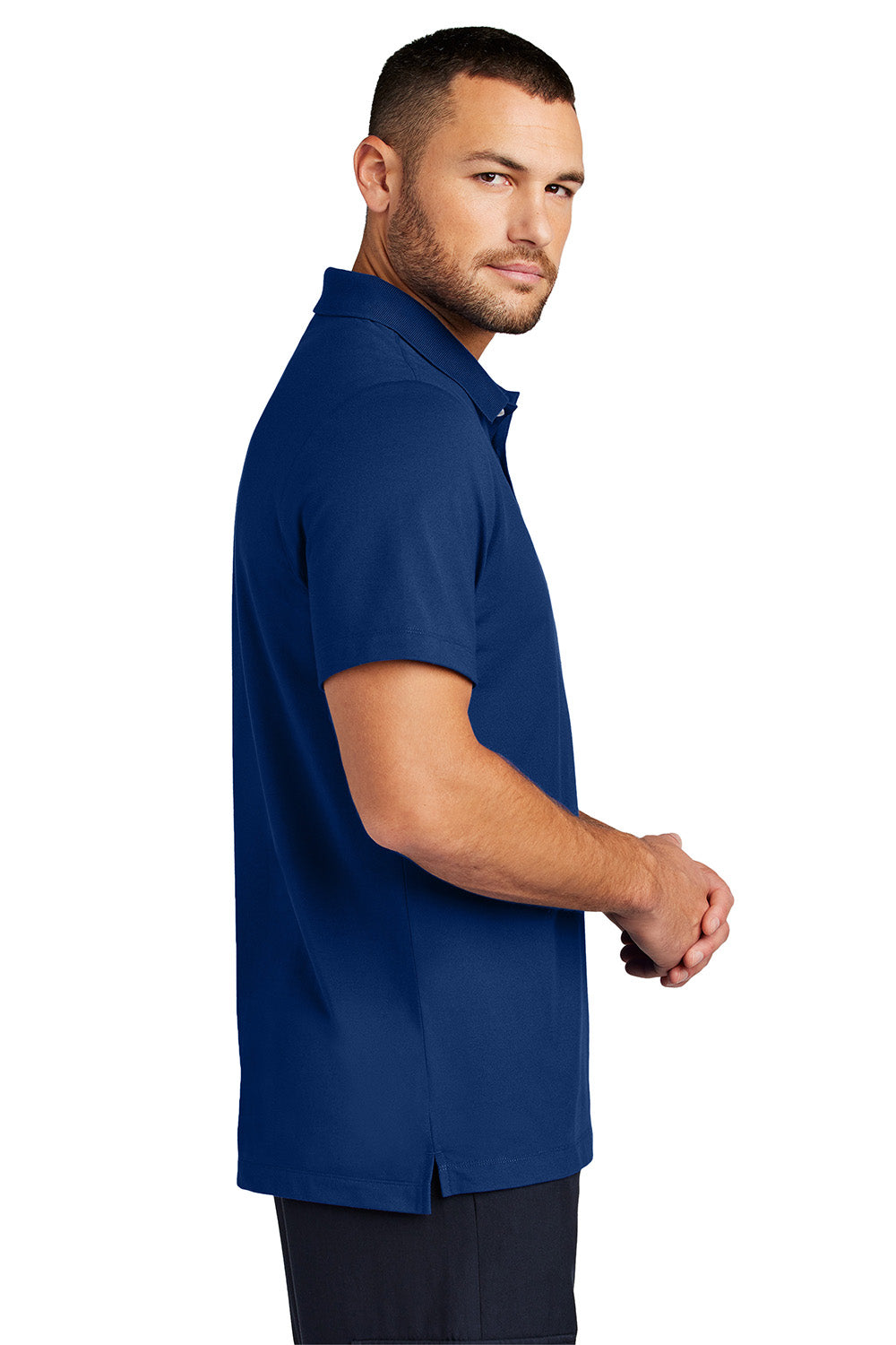 Mercer+Mettle MM1004 Mens Stretch Pique Short Sleeve Polo Shirt Note Blue Model Side