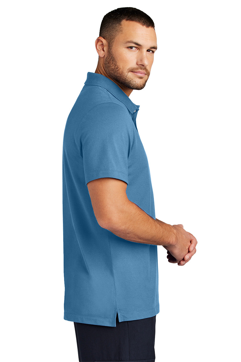 Mercer+Mettle MM1004 Mens Stretch Pique Short Sleeve Polo Shirt Parisian Blue Model Side