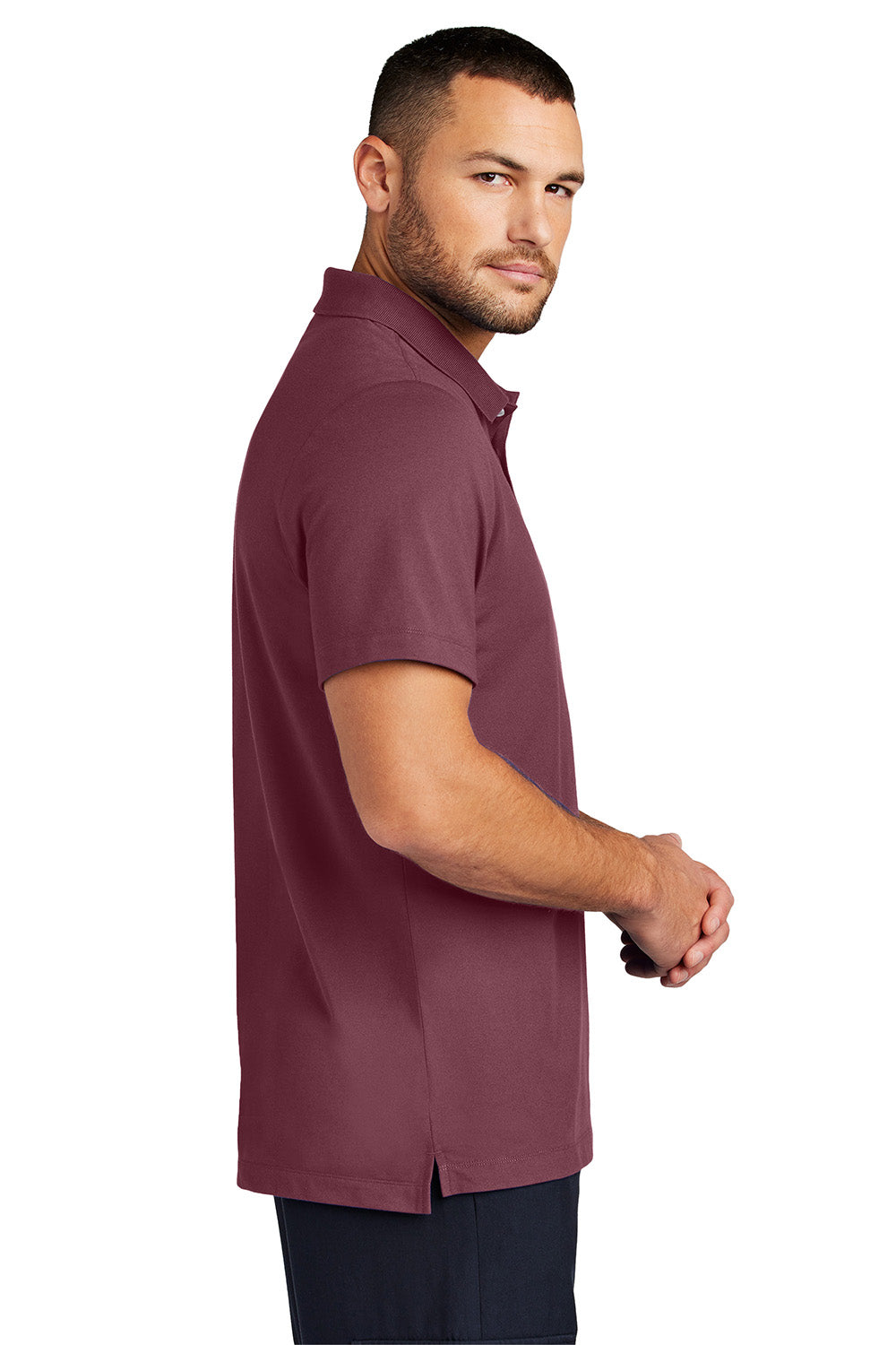 Mercer+Mettle MM1004 Mens Stretch Pique Short Sleeve Polo Shirt Rosewood Model Side