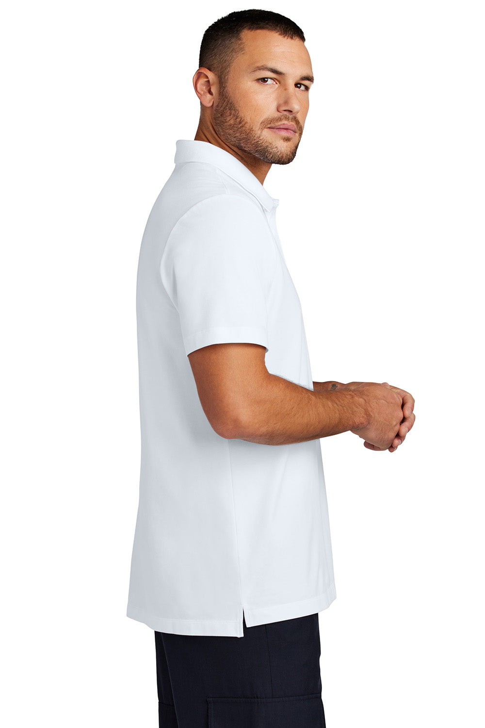 Mercer+Mettle MM1004 Mens Stretch Pique Short Sleeve Polo Shirt White Model Side