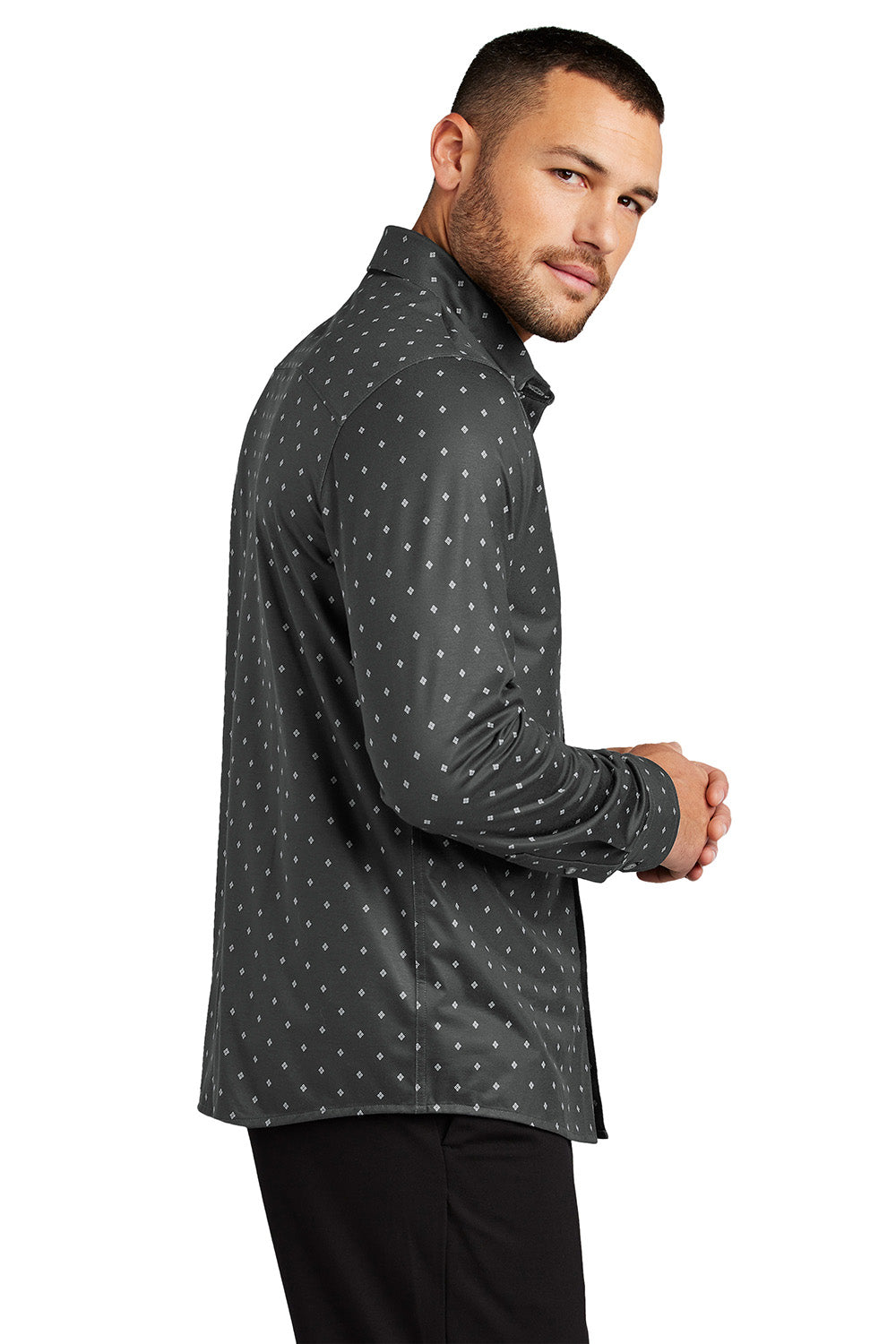 Mercer+Mettle MM1018 Mens Stretch Jersey Long Sleeve Button Down Shirt Anchor Grey Geo Diamond Model Side