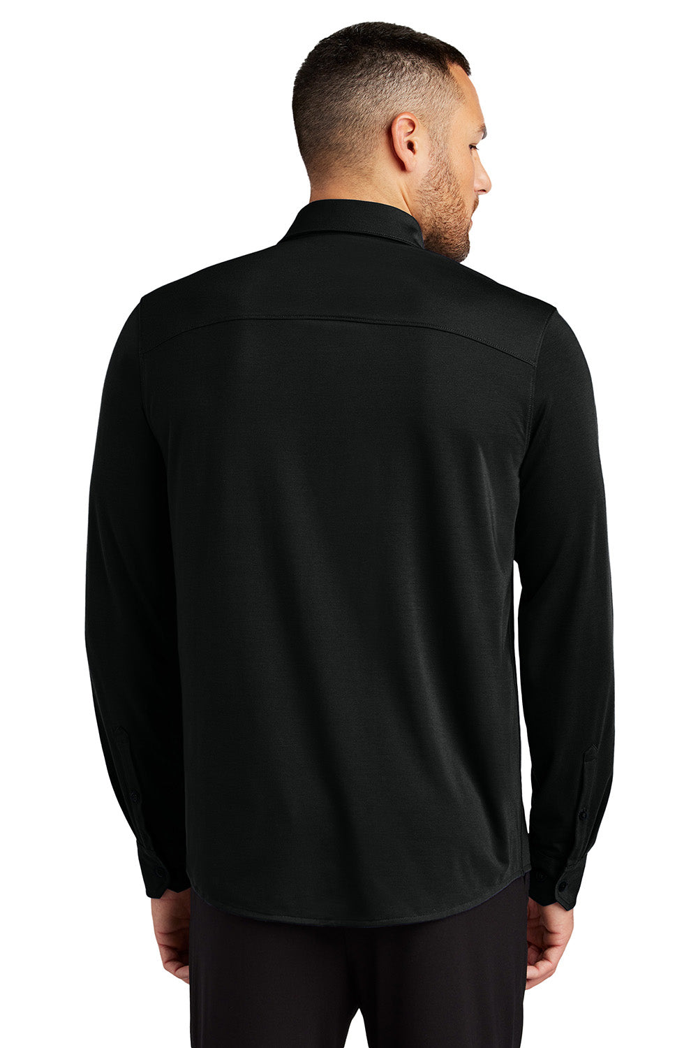 Mercer+Mettle MM1018 Mens Stretch Jersey Long Sleeve Button Down Shirt Deep Black Model Back